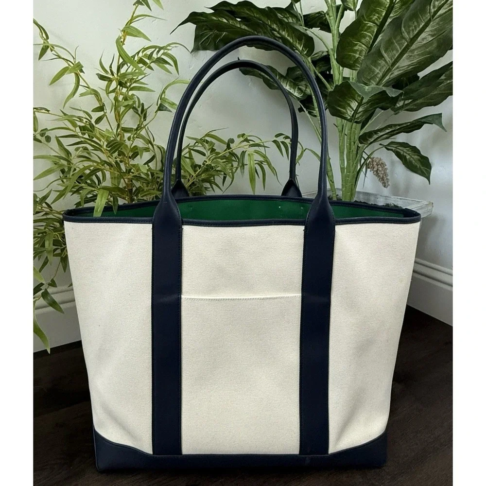 Kate Spade Canvas Racing Stripe Large Tote Bag Cream/Navy Green/Blue Stripe EUC